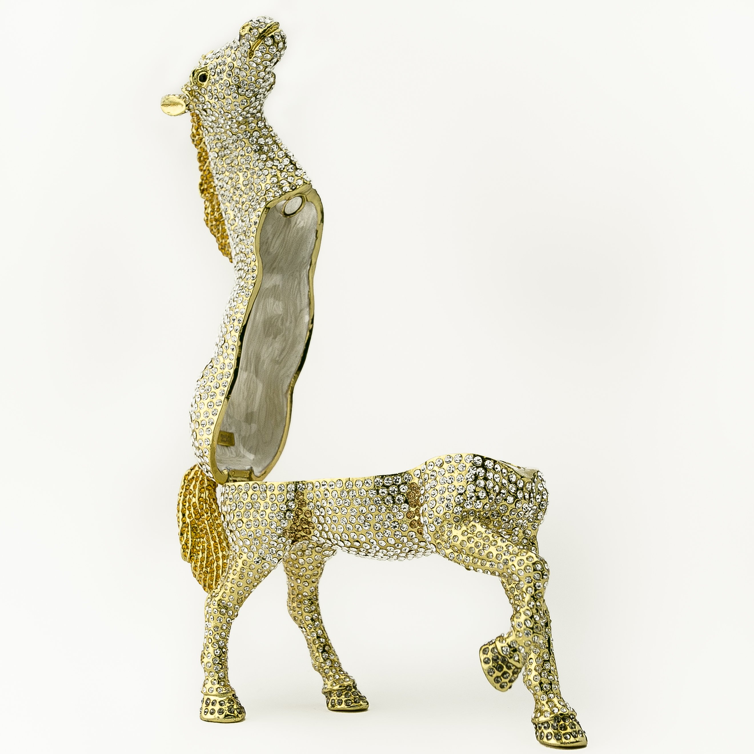 Large golden horse trinket box adorned with white Austrian crystals, showcasing intricate enamel painting and luxurious gold plating.