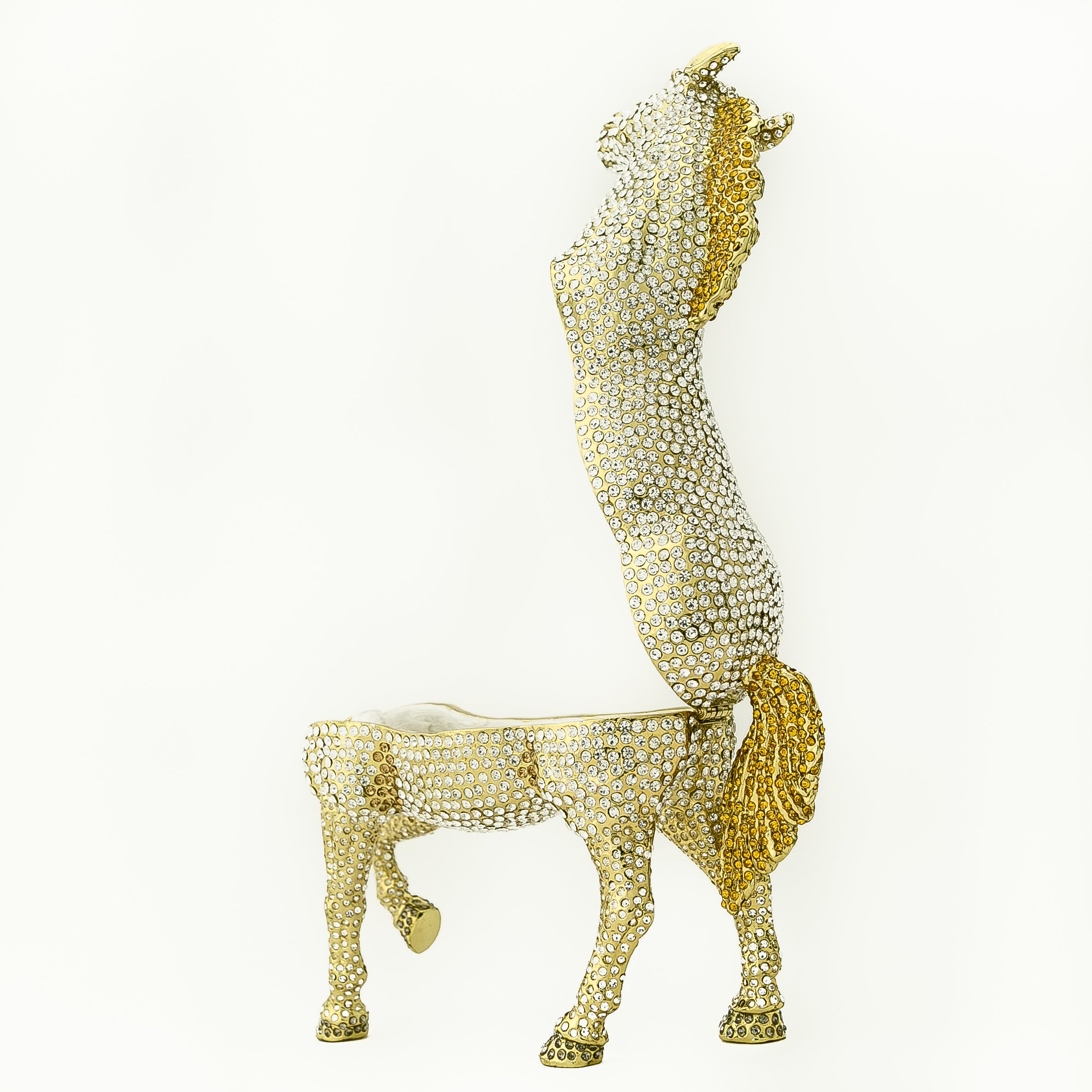 Large golden horse trinket box adorned with white Austrian crystals, showcasing intricate enamel painting and luxurious gold plating.