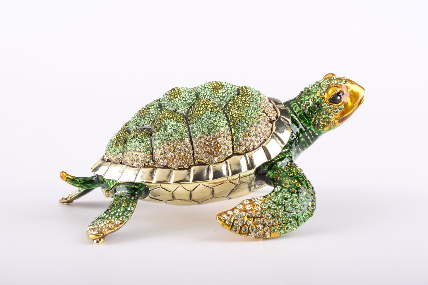 Large Green Sea Turtle trinket box with enamel painting and Austrian crystals, showcasing intricate craftsmanship and luxurious gold or silver plating.