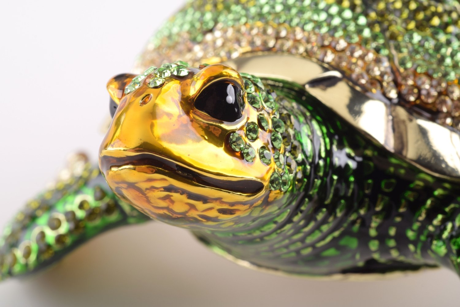 Large Green Sea Turtle trinket box with enamel painting and Austrian crystals, showcasing intricate craftsmanship and luxurious gold or silver plating.