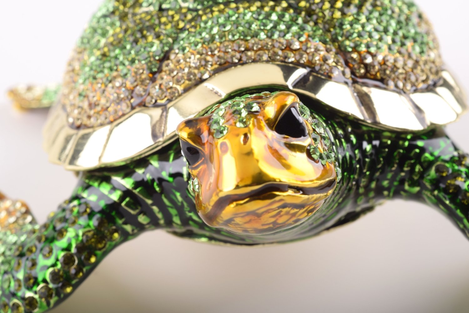 Large Green Sea Turtle trinket box with enamel painting and Austrian crystals, showcasing intricate craftsmanship and luxurious gold or silver plating.