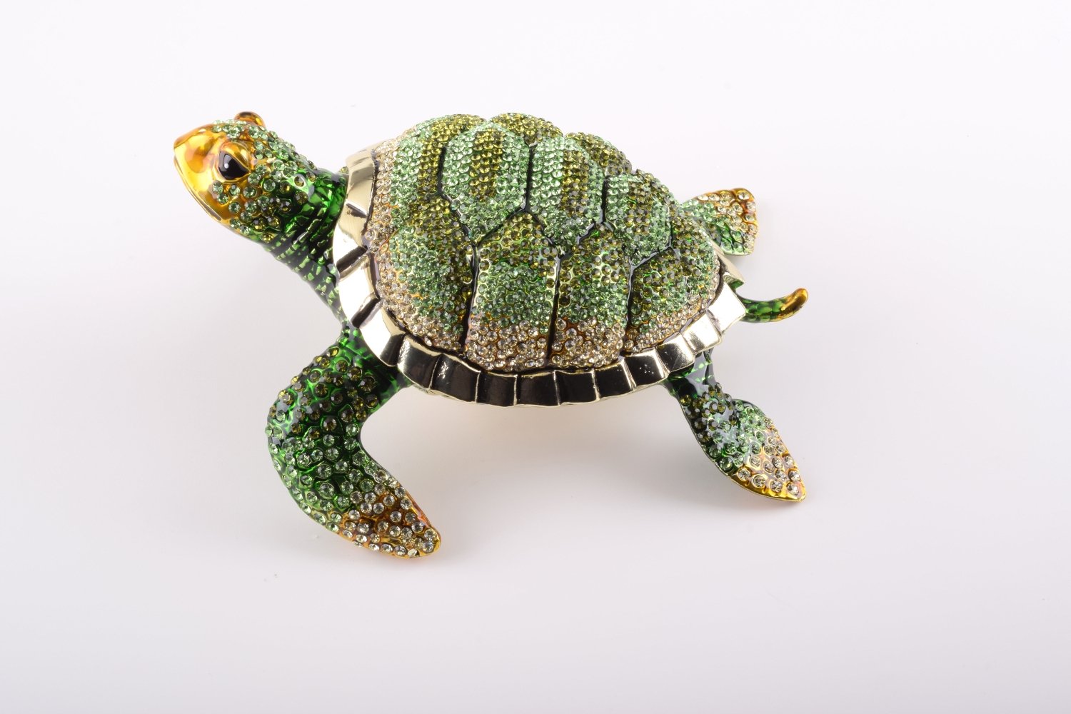 Large Green Sea Turtle trinket box with enamel painting and Austrian crystals, showcasing intricate craftsmanship and luxurious gold or silver plating.