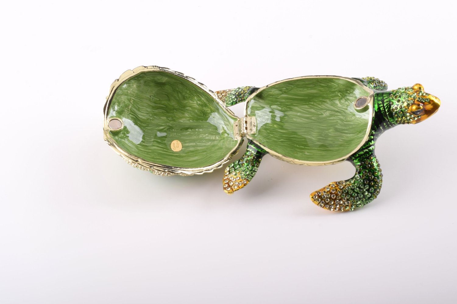 Large Green Sea Turtle trinket box with enamel painting and Austrian crystals, showcasing intricate craftsmanship and luxurious gold or silver plating.