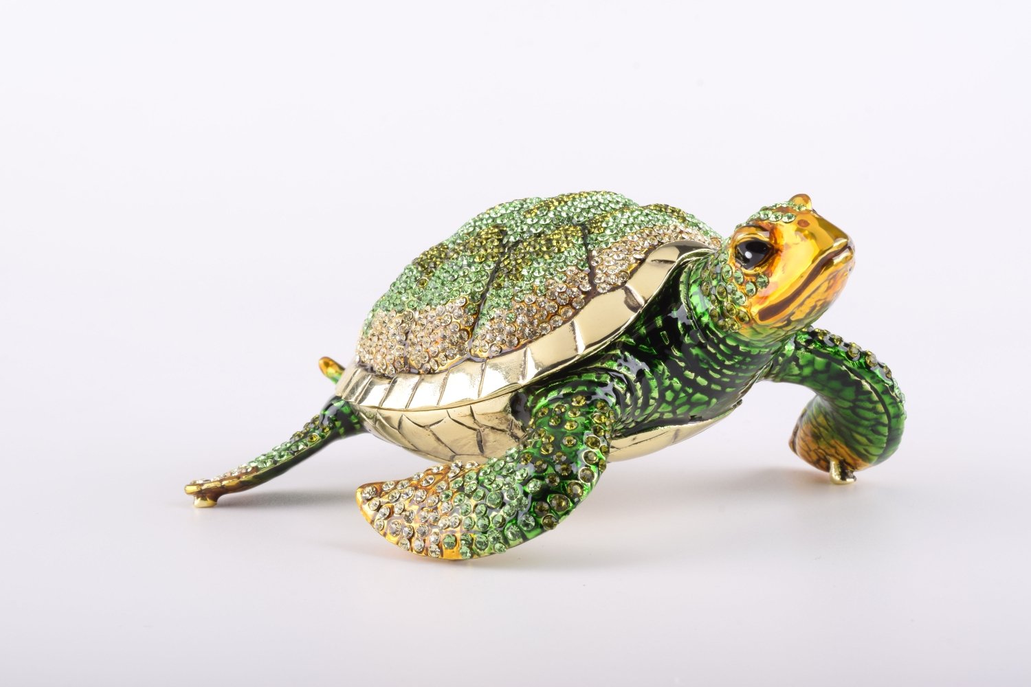 Large Green Sea Turtle trinket box with enamel painting and Austrian crystals, showcasing intricate craftsmanship and luxurious gold or silver plating.