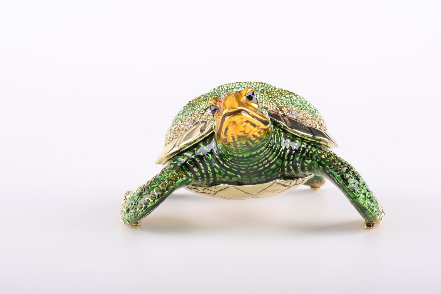 Large Green Sea Turtle trinket box with enamel painting and Austrian crystals, showcasing intricate craftsmanship and luxurious gold or silver plating.