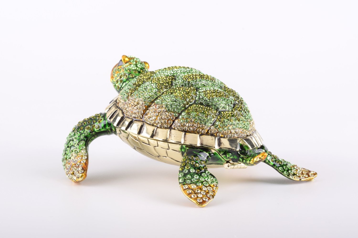 Large Green Sea Turtle trinket box with enamel painting and Austrian crystals, showcasing intricate craftsmanship and luxurious gold or silver plating.