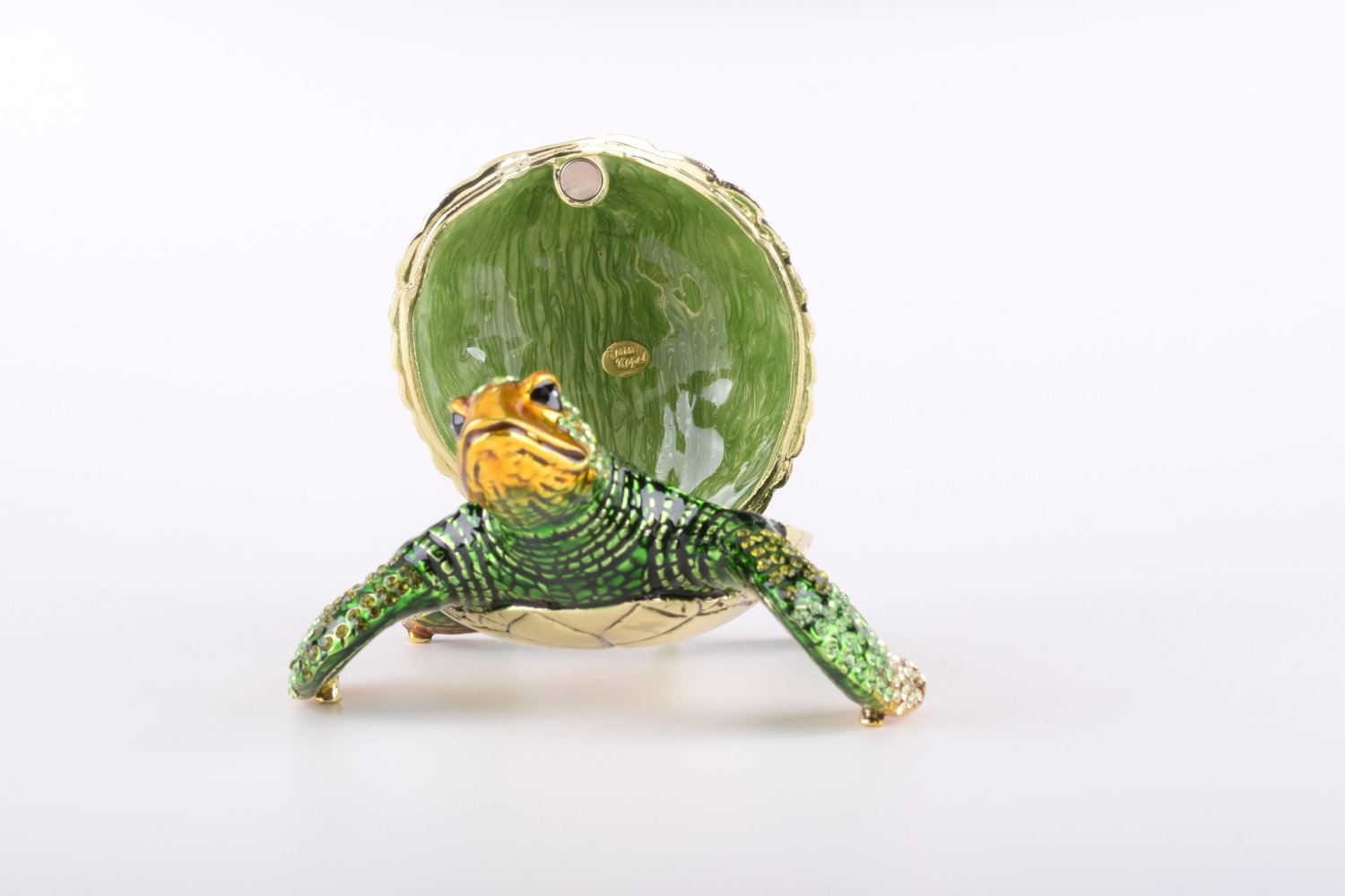 Large Green Sea Turtle trinket box with enamel painting and Austrian crystals, showcasing intricate craftsmanship and luxurious gold or silver plating.