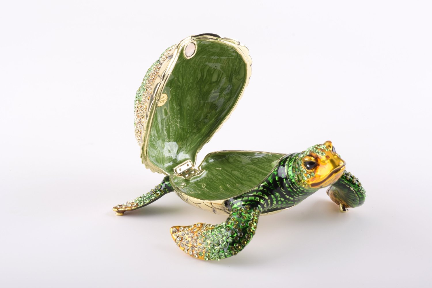 Large Green Sea Turtle trinket box with enamel painting and Austrian crystals, showcasing intricate craftsmanship and luxurious gold or silver plating.