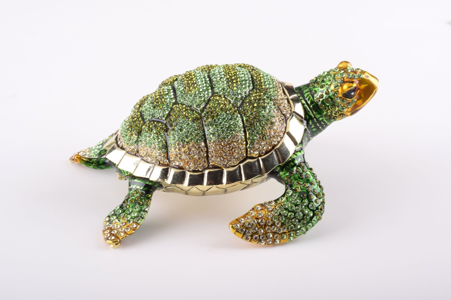 Large Green Sea Turtle trinket box with enamel painting and Austrian crystals, showcasing intricate craftsmanship and luxurious gold or silver plating.