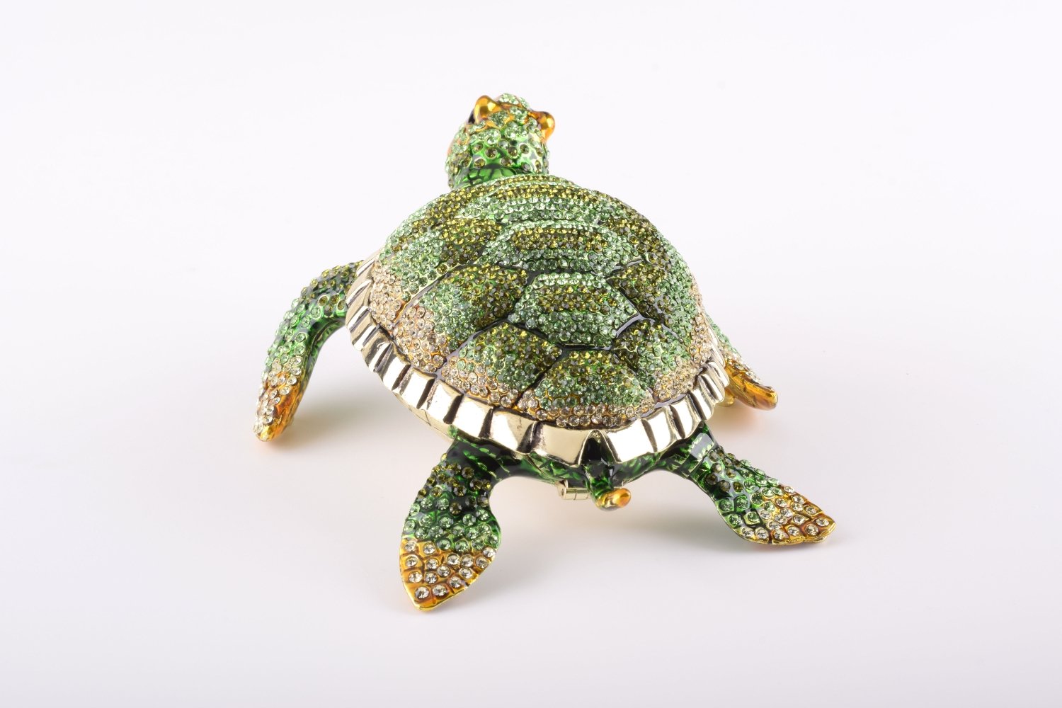 Large Green Sea Turtle trinket box with enamel painting and Austrian crystals, showcasing intricate craftsmanship and luxurious gold or silver plating.