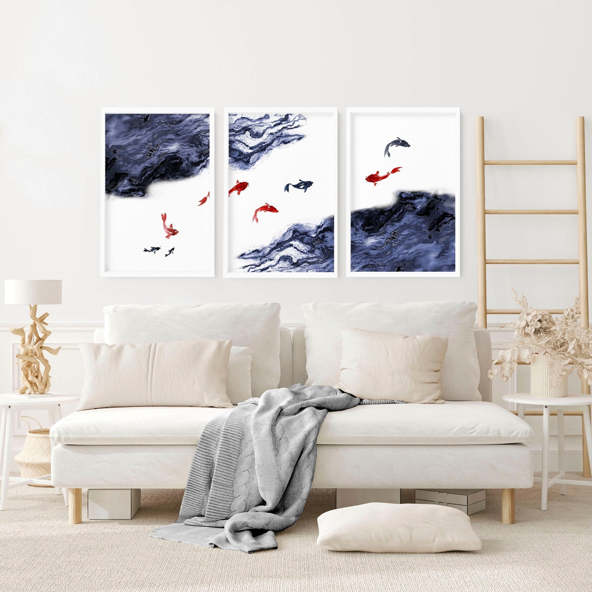 Set of 3 Koi wall art prints featuring vibrant blue, white, and red colors, showcasing beautiful Koi fish designs.