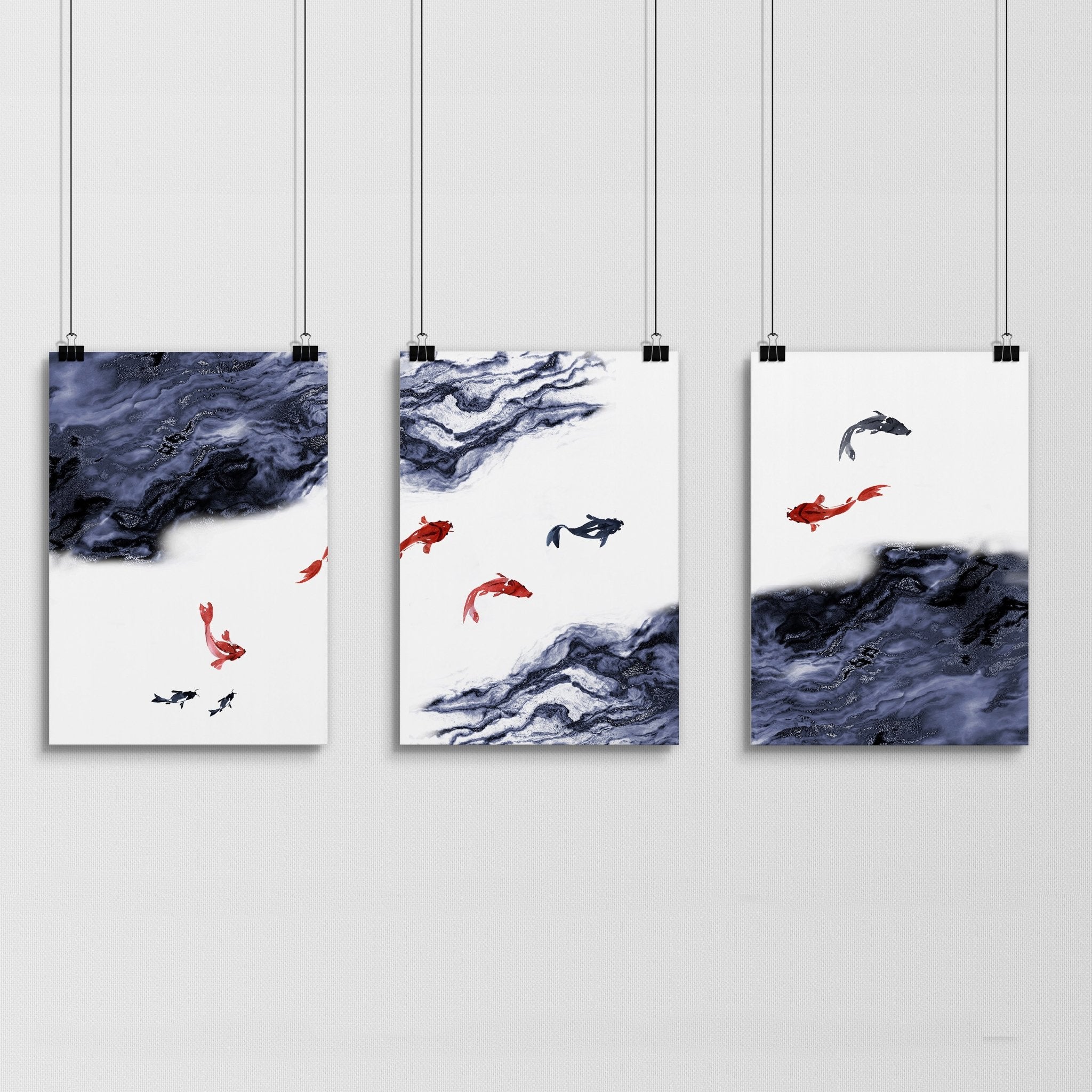 Set of 3 Koi wall art prints featuring vibrant blue, white, and red colors, showcasing beautiful Koi fish designs.