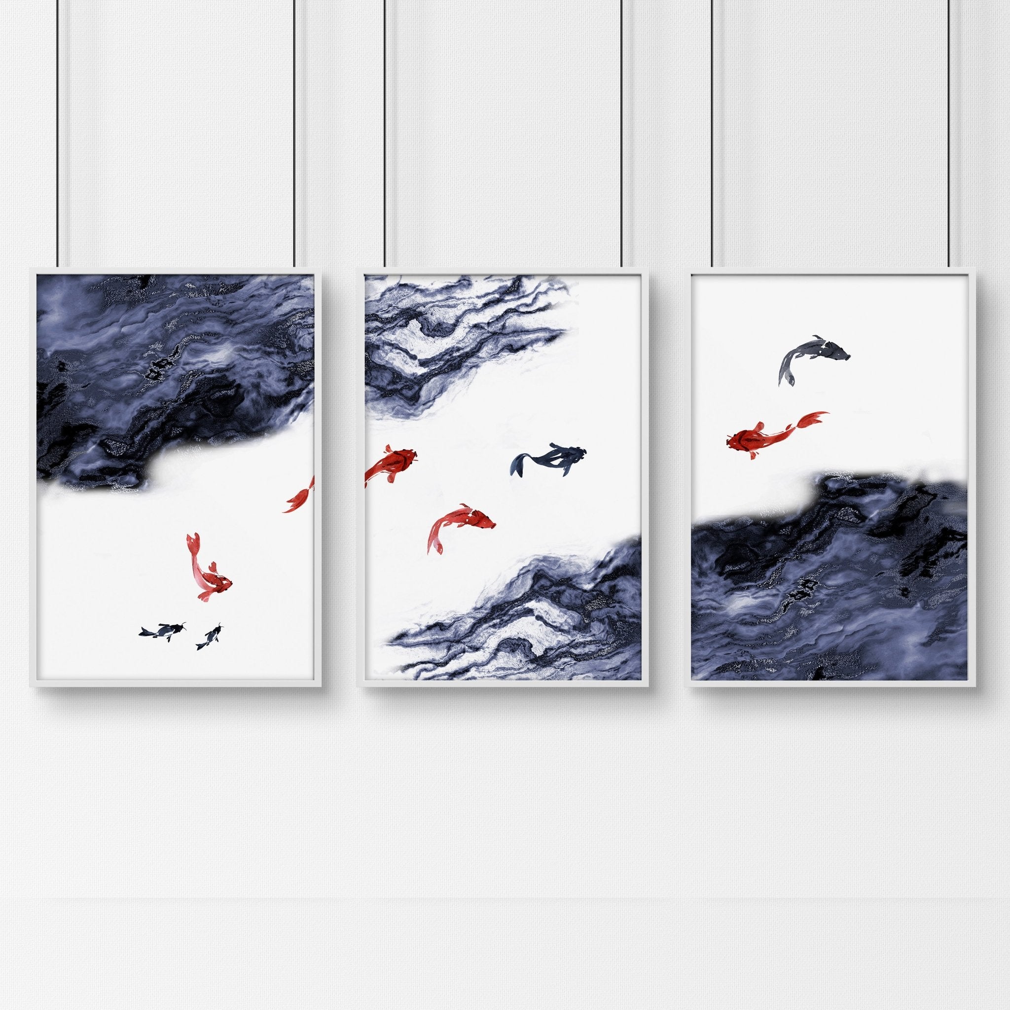 Set of 3 Koi wall art prints featuring vibrant blue, white, and red colors, showcasing beautiful Koi fish designs.