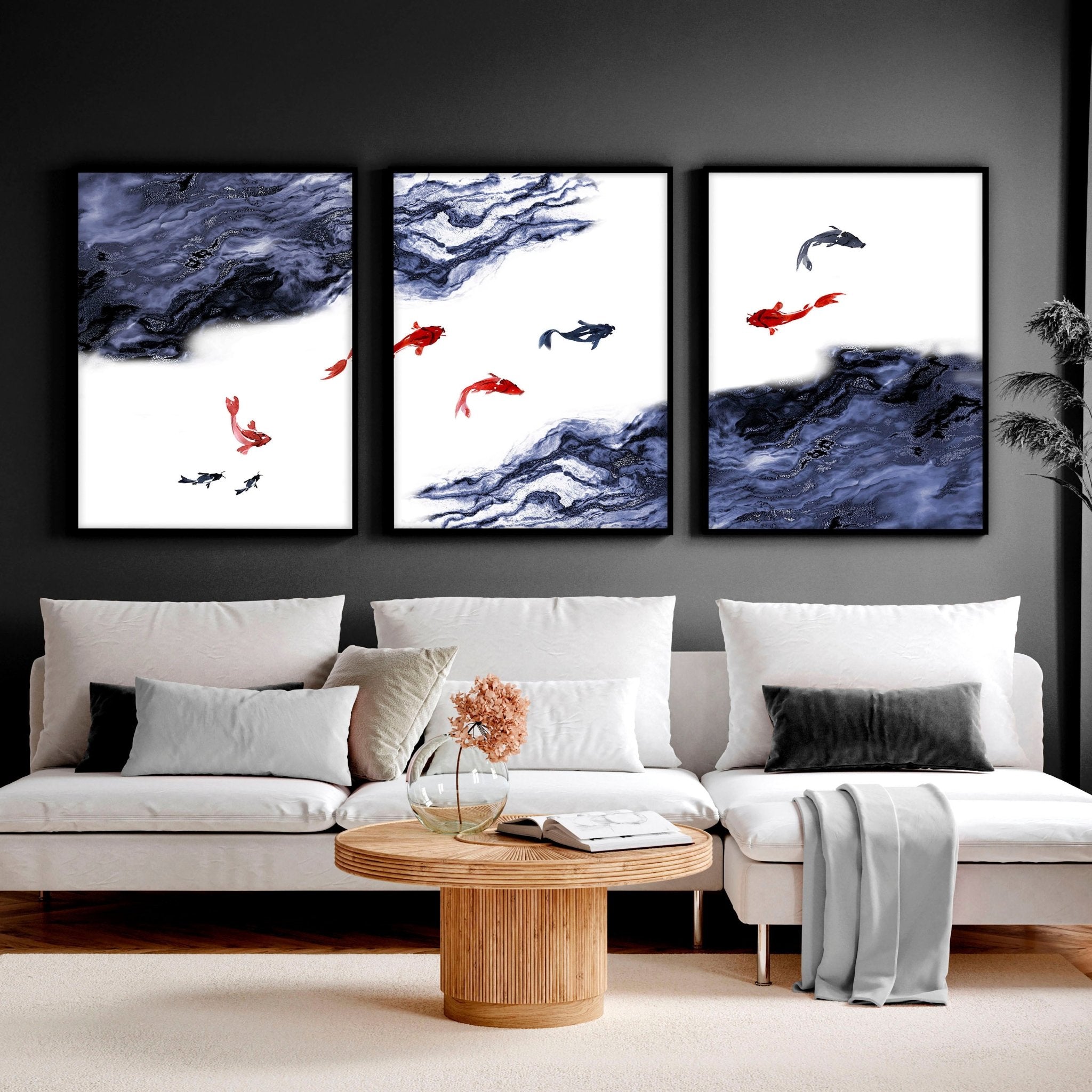 Set of 3 Koi wall art prints featuring vibrant blue, white, and red colors, showcasing beautiful Koi fish designs.