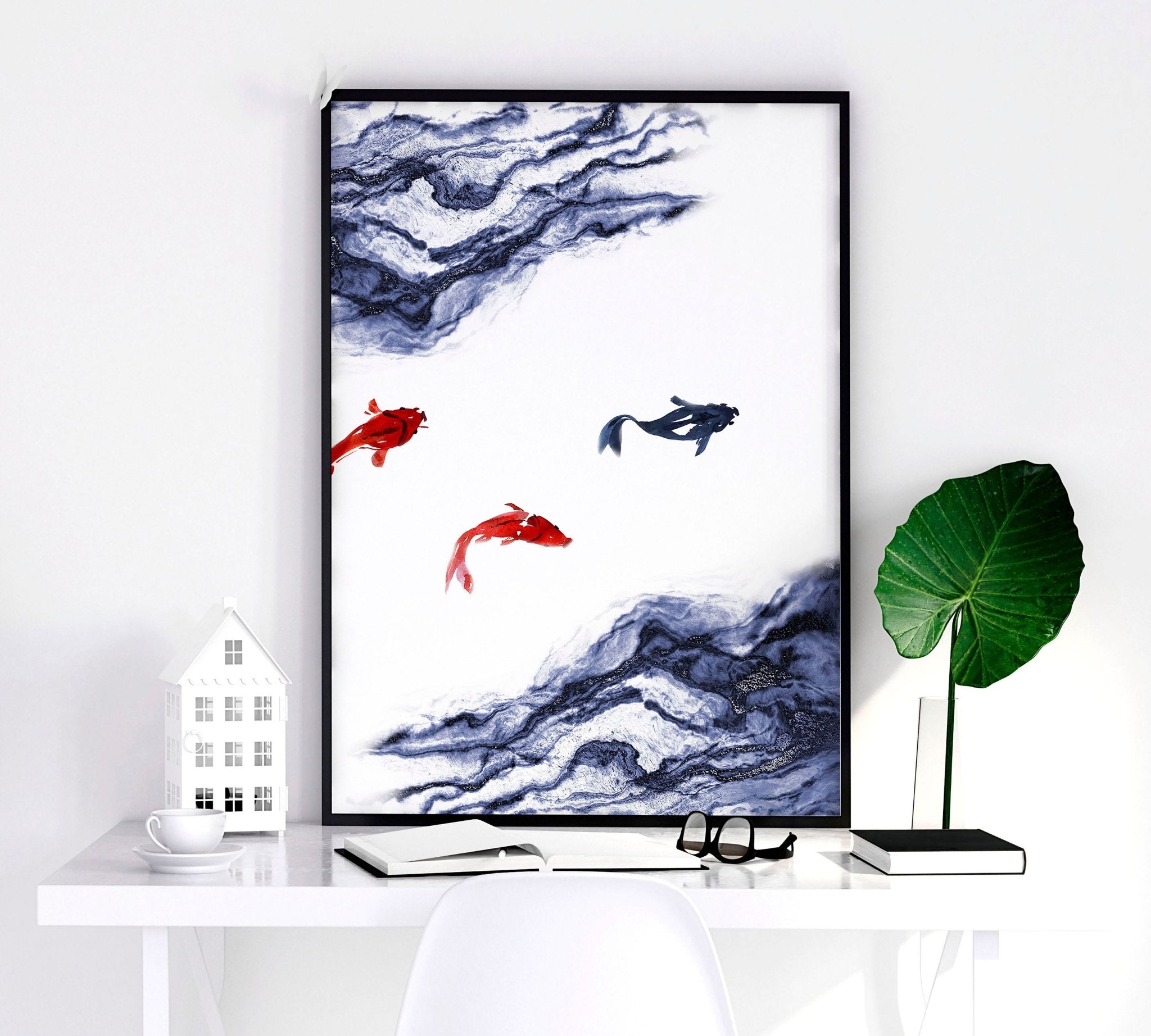 Set of 3 Koi wall art prints featuring vibrant blue, white, and red colors, showcasing beautiful Koi fish designs.