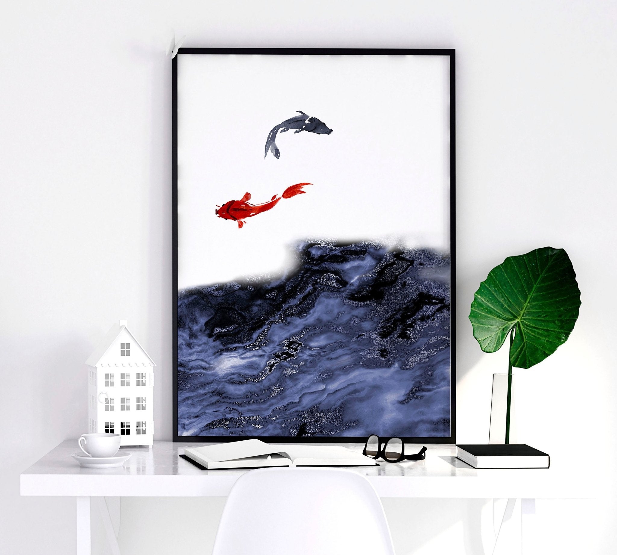 Set of 3 Koi wall art prints featuring vibrant blue, white, and red colors, showcasing beautiful Koi fish designs.