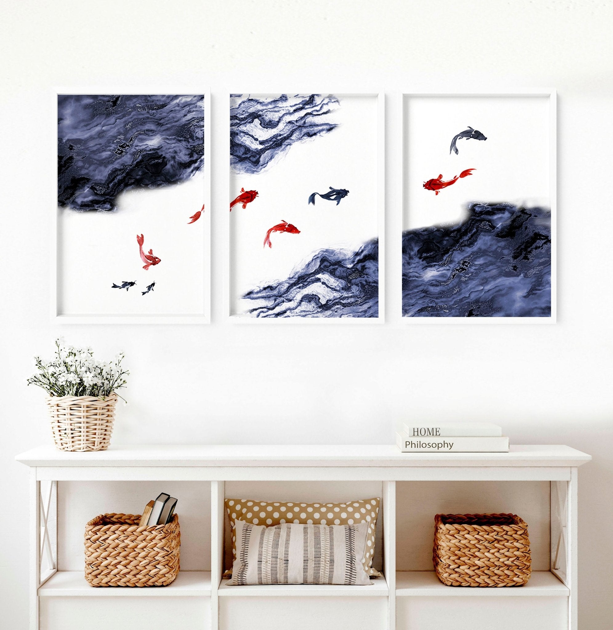 Set of 3 Koi wall art prints featuring vibrant blue, white, and red colors, showcasing beautiful Koi fish designs.