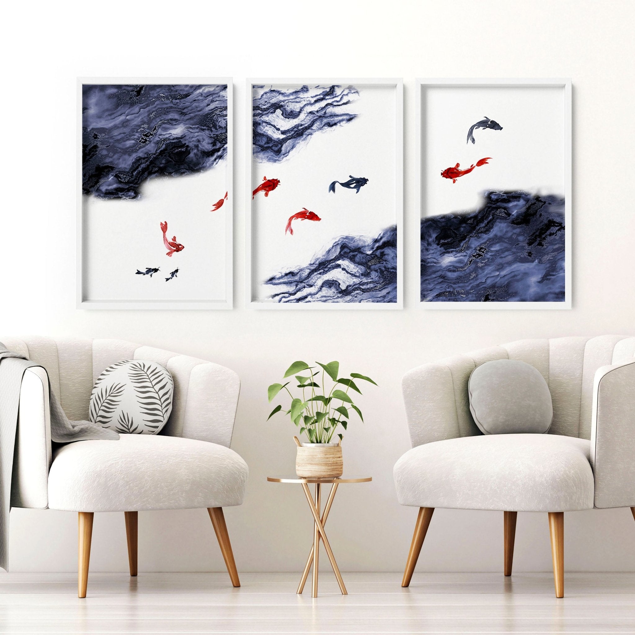 Set of 3 Koi wall art prints featuring vibrant blue, white, and red colors, showcasing beautiful Koi fish designs.