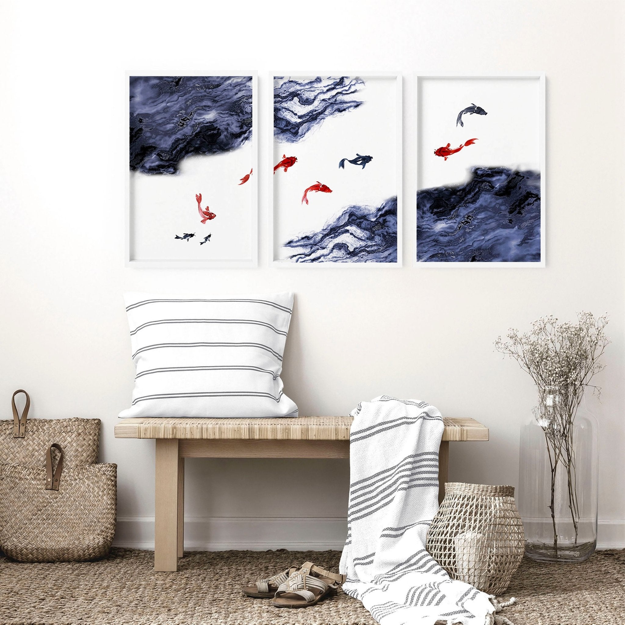 Set of 3 Koi wall art prints featuring vibrant blue, white, and red colors, showcasing beautiful Koi fish designs.