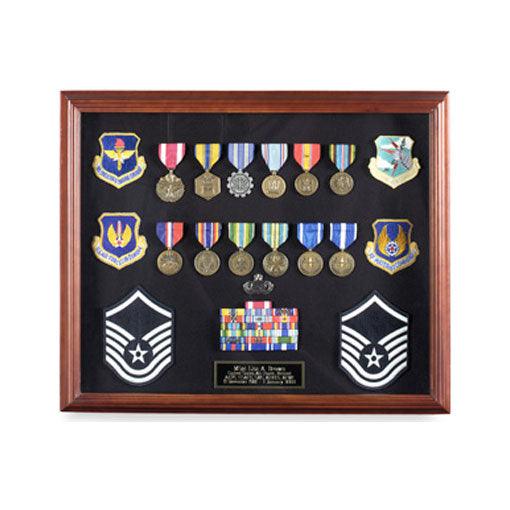 Large Medal Display Case with cherry finish and reversible insert for displaying medals and personal items.