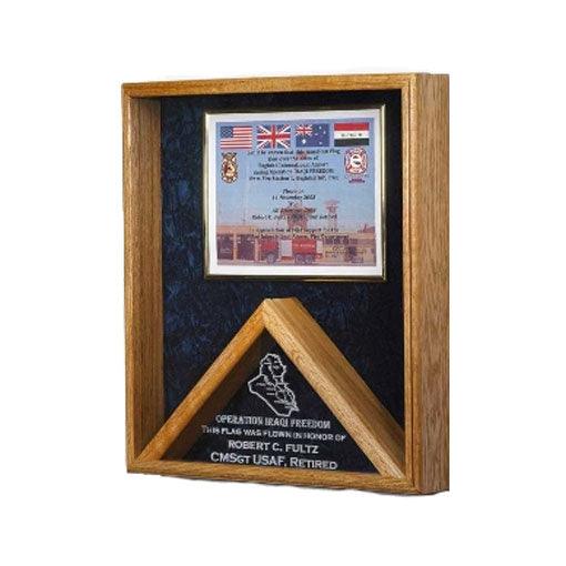 Large Military Flag Shadow Box displaying a folded flag and medals, featuring a crushed velvet background and solid oak frame.