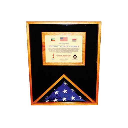 Large Military Memorial Flag and Medal Display Case made from solid Oak, showcasing a 3x5 flag with sliding glass and cloth back.