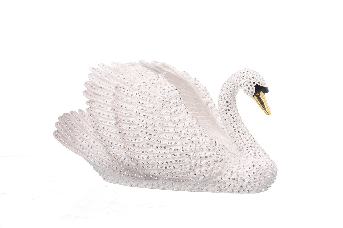 Large White Swan trinket box, enamel painted with Austrian crystals and gold or silver plating, showcasing intricate craftsmanship.