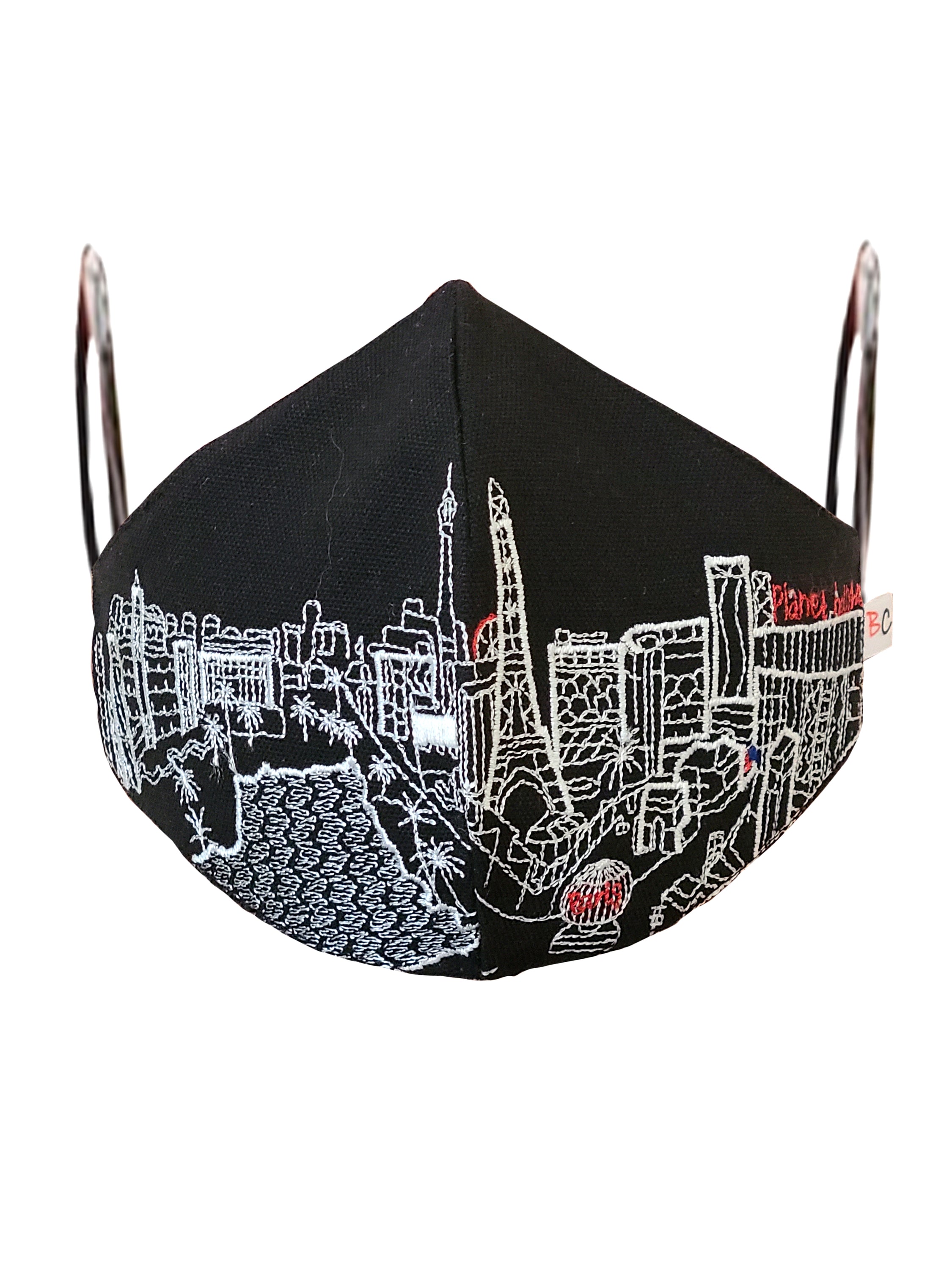 LAS VEGAS EMBROIDERED SKYLINE FACE MASK featuring a detailed skyline design on linen/cotton fabric with soft cotton lining.