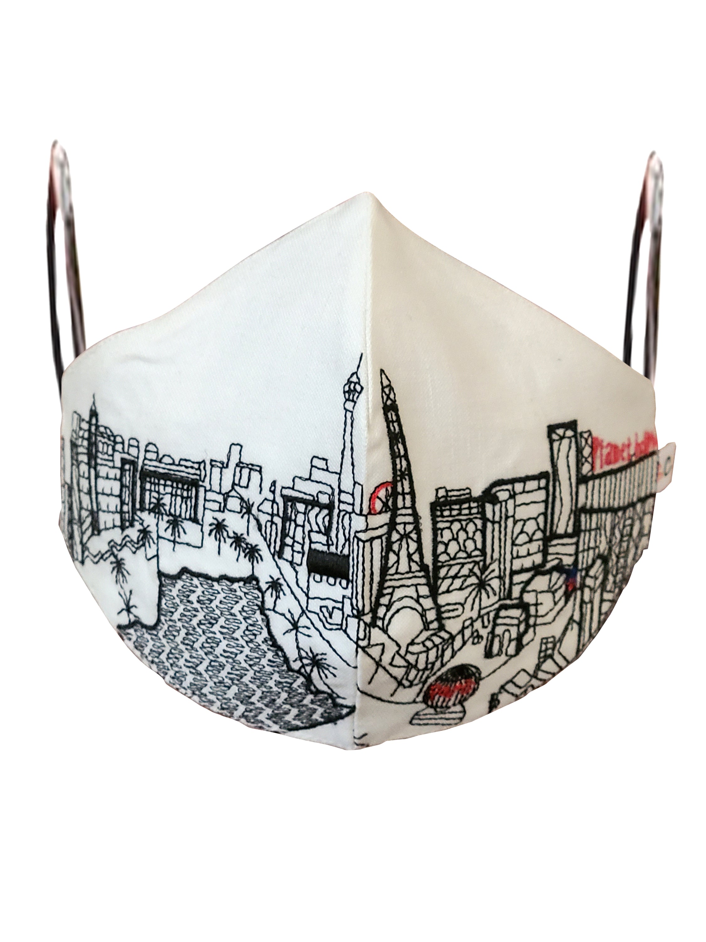 LAS VEGAS EMBROIDERED SKYLINE FACE MASK featuring a detailed skyline design on linen/cotton fabric with soft cotton lining.