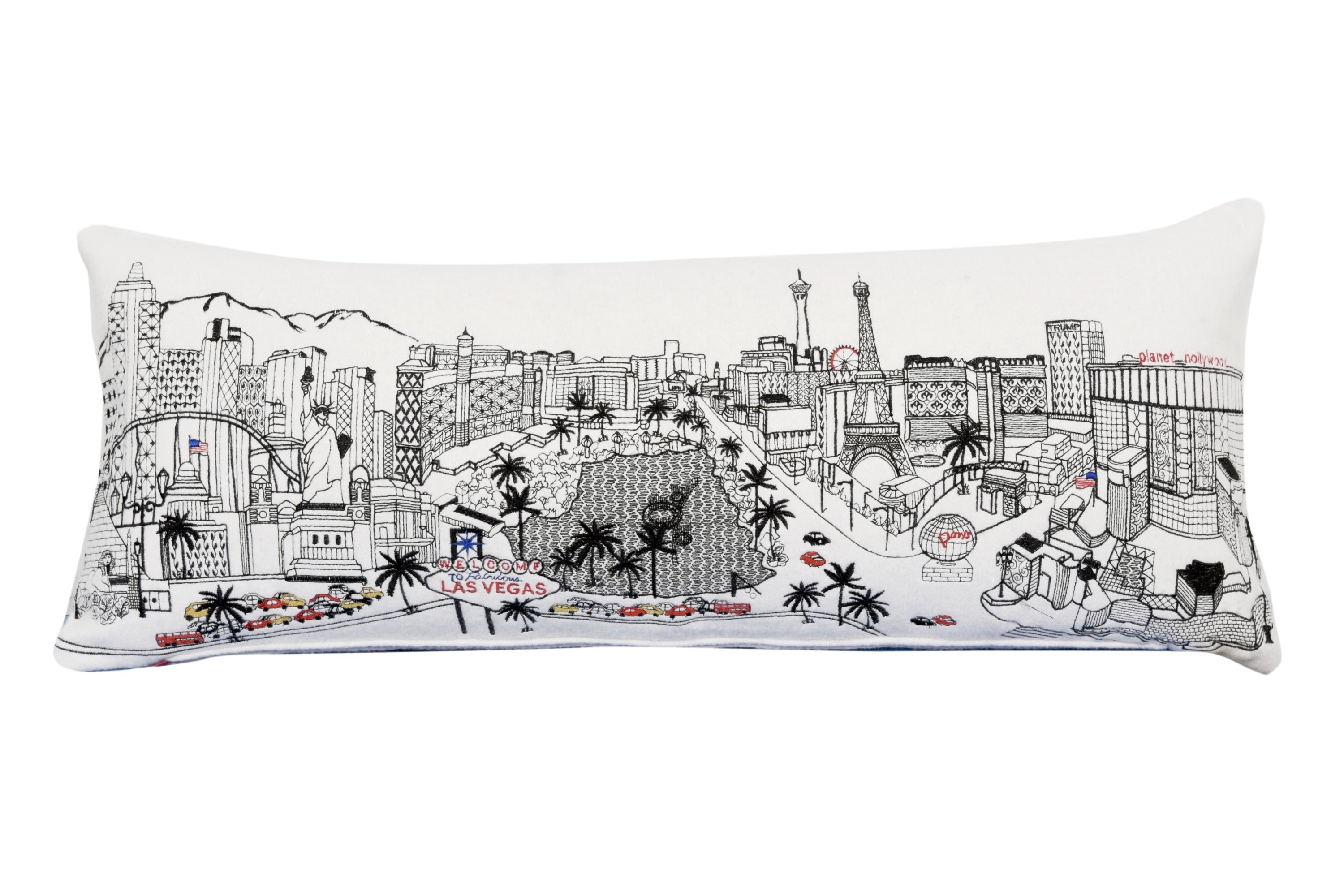 Las Vegas Pillow featuring embroidered city landmarks and a red zipper, showcasing vibrant colors and quality fabric.