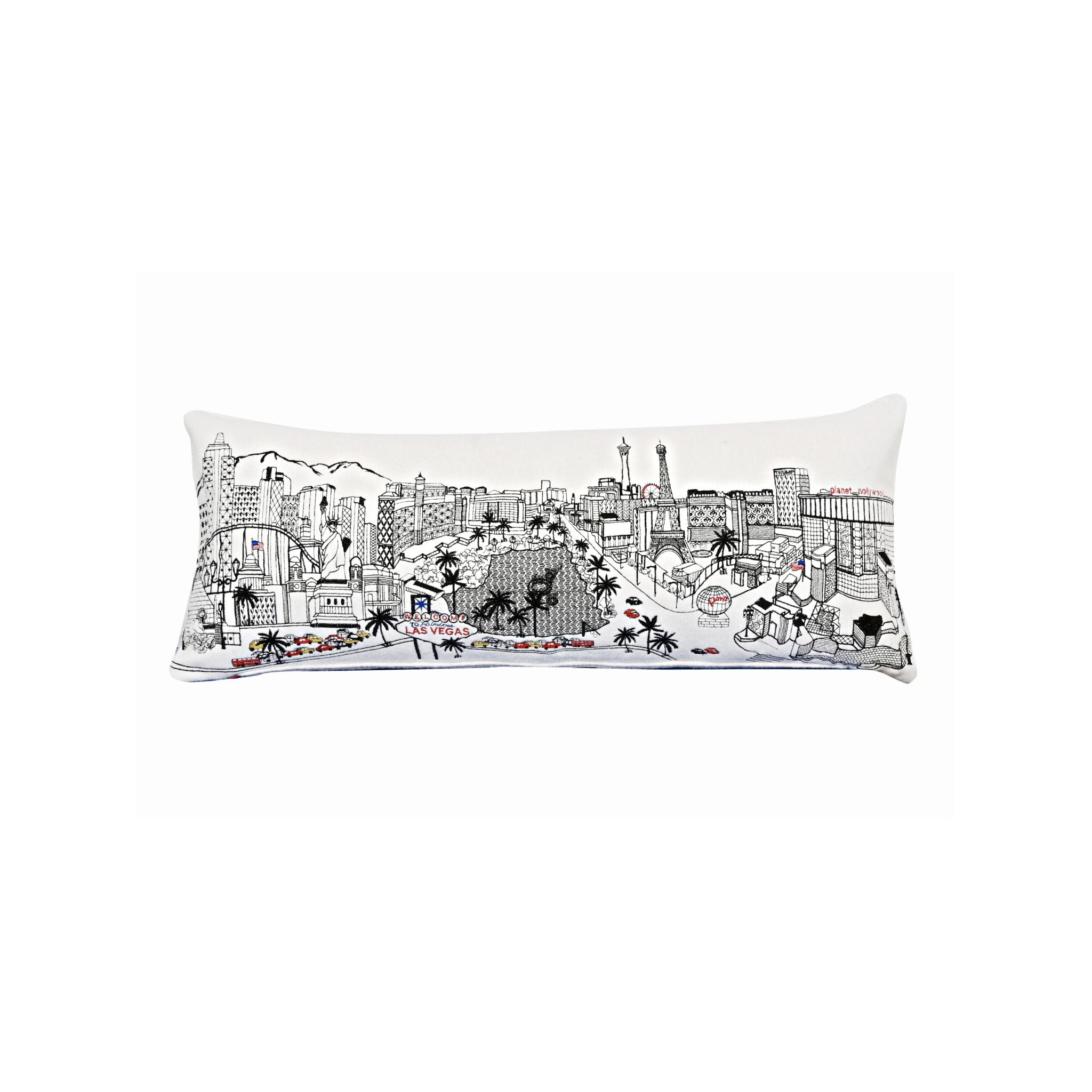 Las Vegas Pillow featuring embroidered city landmarks and a red zipper, showcasing vibrant colors and quality fabric.