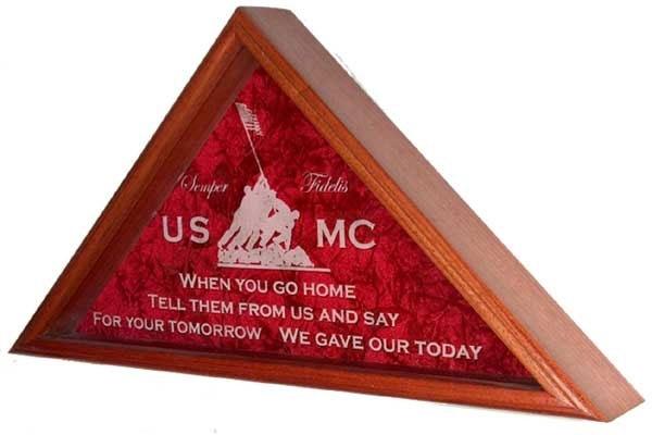 Laser Engraved Flag Display Case showcasing a folded burial flag with a crushed velvet background and solid wood frame.