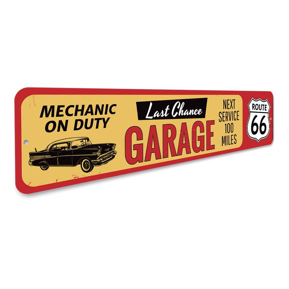 Last Chance Garage Route 66 Sign made of high-quality aluminum, featuring vibrant colors and customizable text options, perfect for home decor.