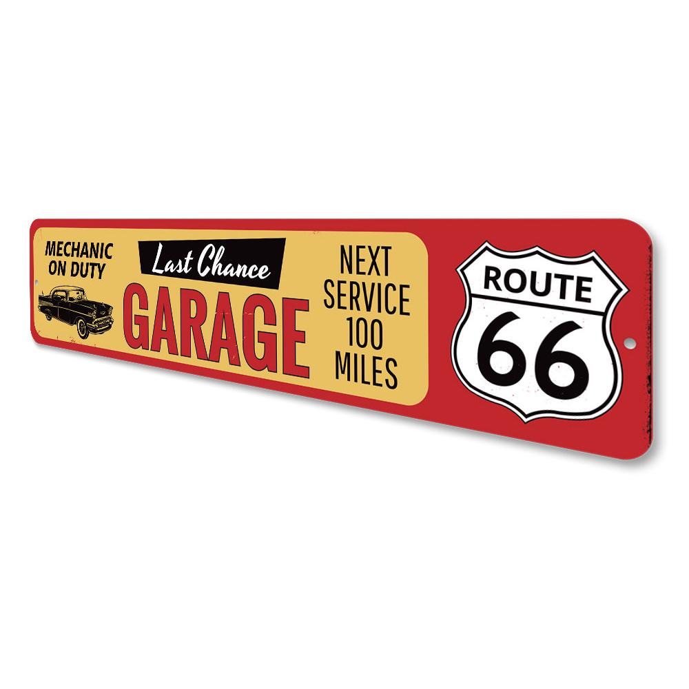 Last Chance Garage Route 66 Sign made of high-quality aluminum, featuring vibrant colors and customizable text options, perfect for home decor.