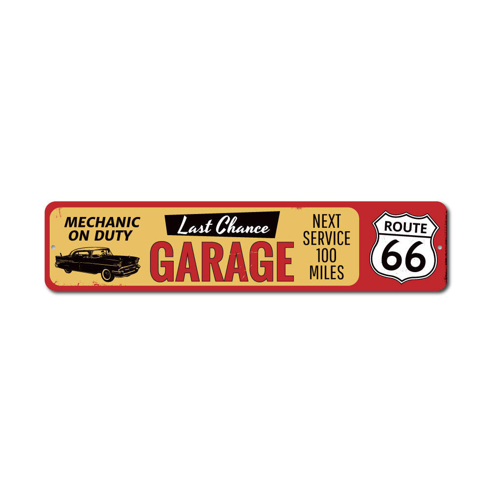 Last Chance Garage Route 66 Sign made of high-quality aluminum, featuring vibrant colors and customizable text options, perfect for home decor.