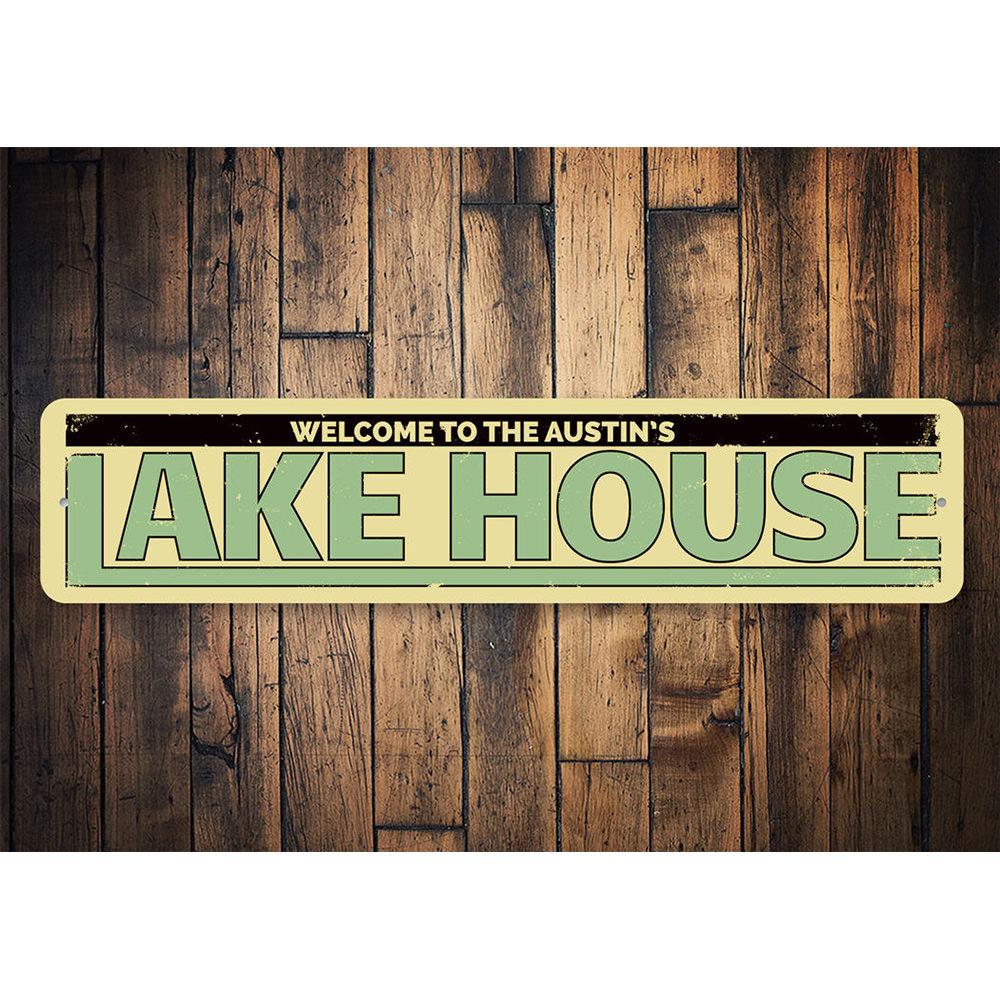 Personalized Last Name Lake House Sign made of high-quality aluminum, featuring customizable text and a beautiful design, perfect for lake house decor.