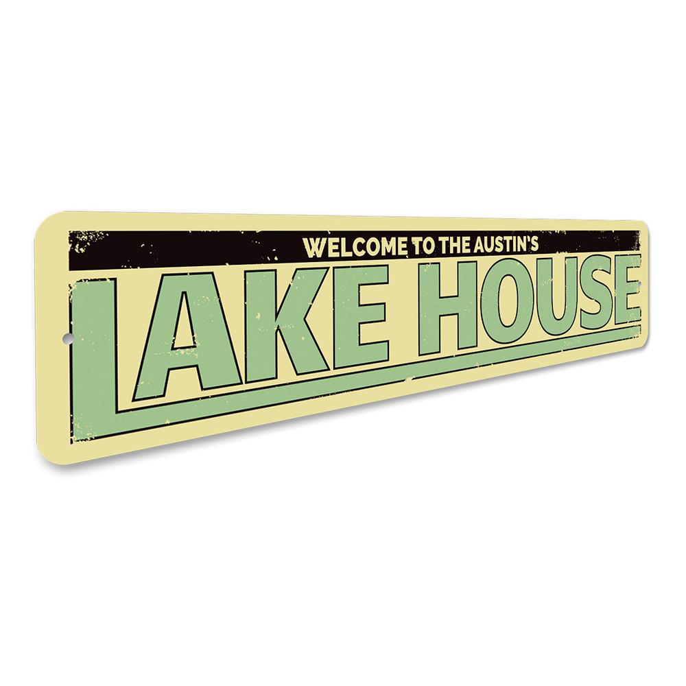 Personalized Last Name Lake House Sign made of high-quality aluminum, featuring customizable text and a beautiful design, perfect for lake house decor.