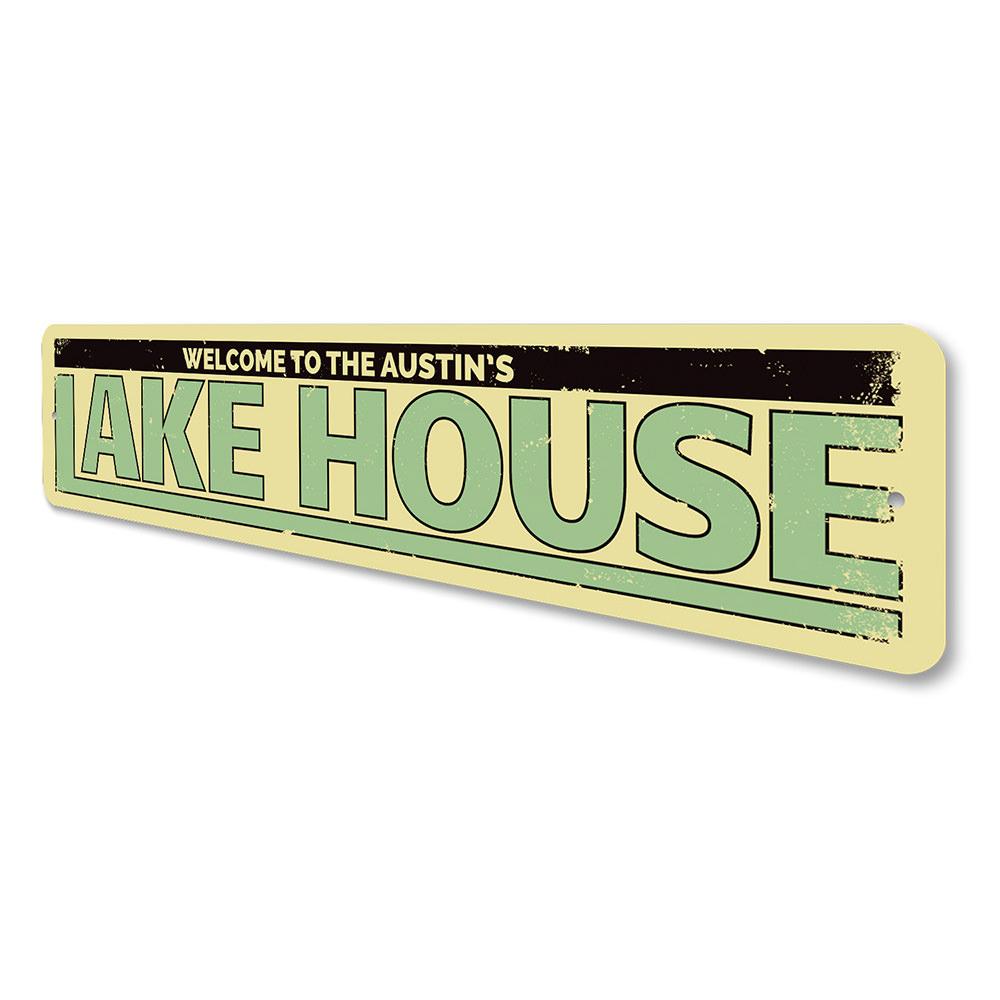 Personalized Last Name Lake House Sign made of high-quality aluminum, featuring customizable text and a beautiful design, perfect for lake house decor.