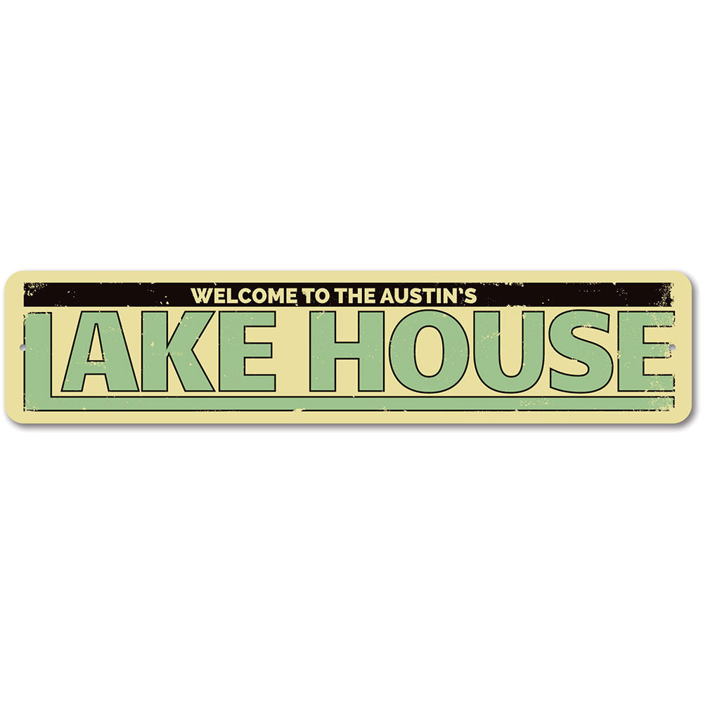 Personalized Last Name Lake House Sign made of high-quality aluminum, featuring customizable text and a beautiful design, perfect for lake house decor.