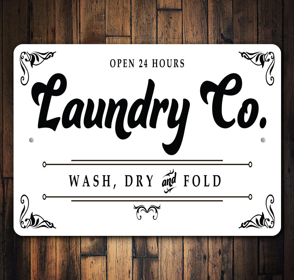 Customizable Laundry Company Sign made from high-quality aluminum, featuring pre-drilled holes for easy mounting.