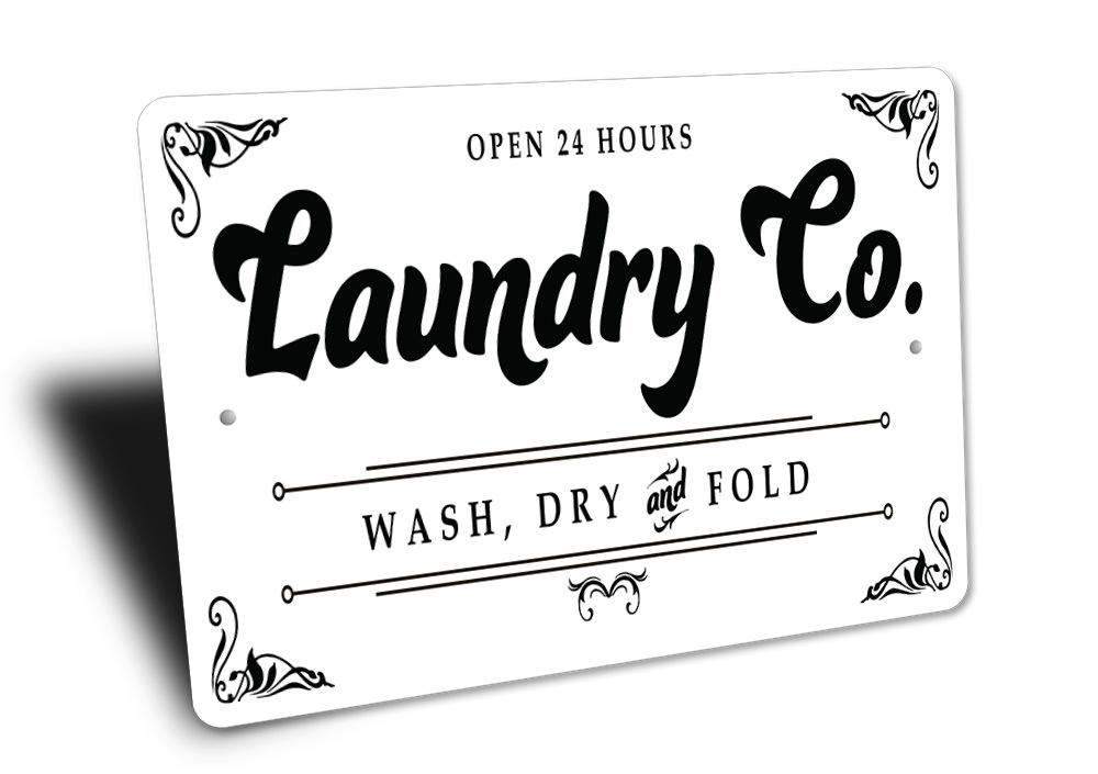 Customizable Laundry Company Sign made from high-quality aluminum, featuring pre-drilled holes for easy mounting.