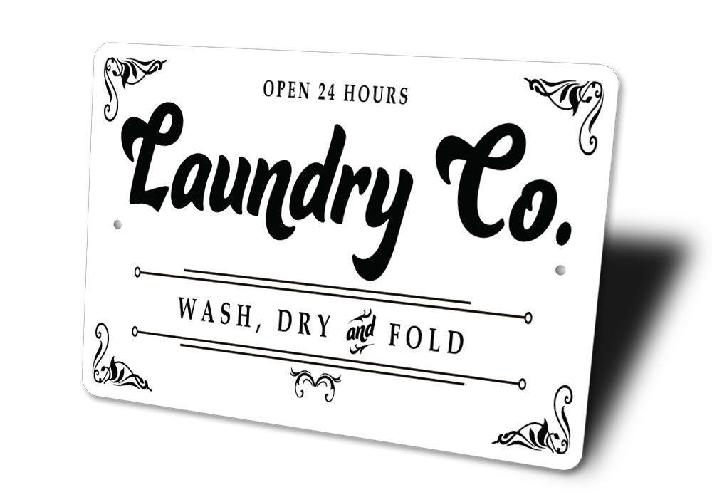 Customizable Laundry Company Sign made from high-quality aluminum, featuring pre-drilled holes for easy mounting.