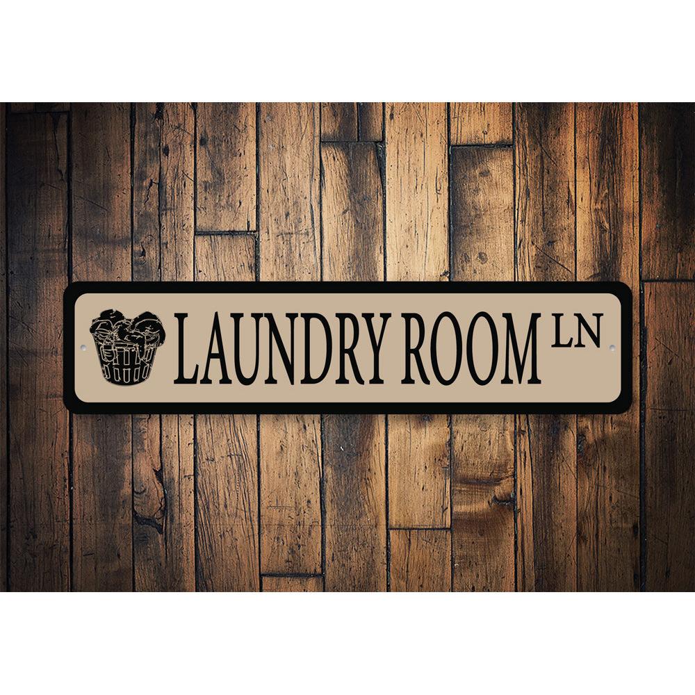 Customizable Laundry Room Street Sign made of quality aluminum, featuring pre-drilled holes for easy mounting.