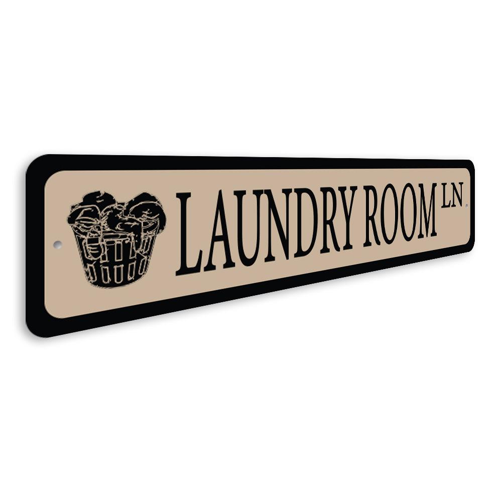 Customizable Laundry Room Street Sign made of quality aluminum, featuring pre-drilled holes for easy mounting.