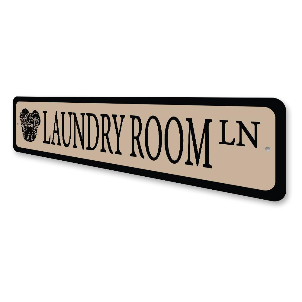 Customizable Laundry Room Street Sign made of quality aluminum, featuring pre-drilled holes for easy mounting.