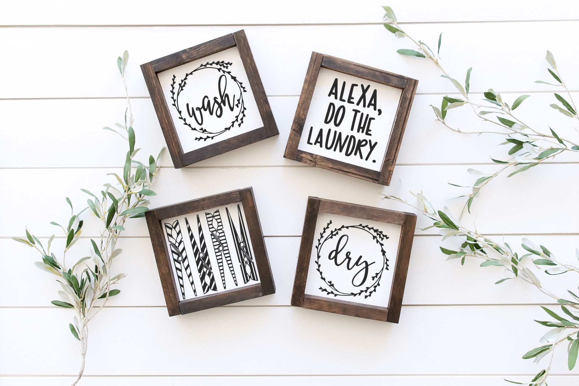 Handmade Laundry Room Wood Sign in matte white finish, showcasing unique wood grain and lettering.