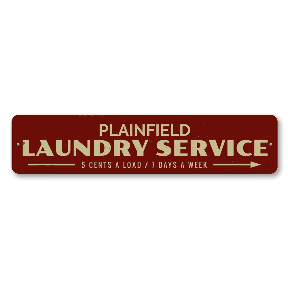 Laundry Service Arrow Sign made of durable aluminum, featuring customizable text and pre-drilled holes for easy mounting.