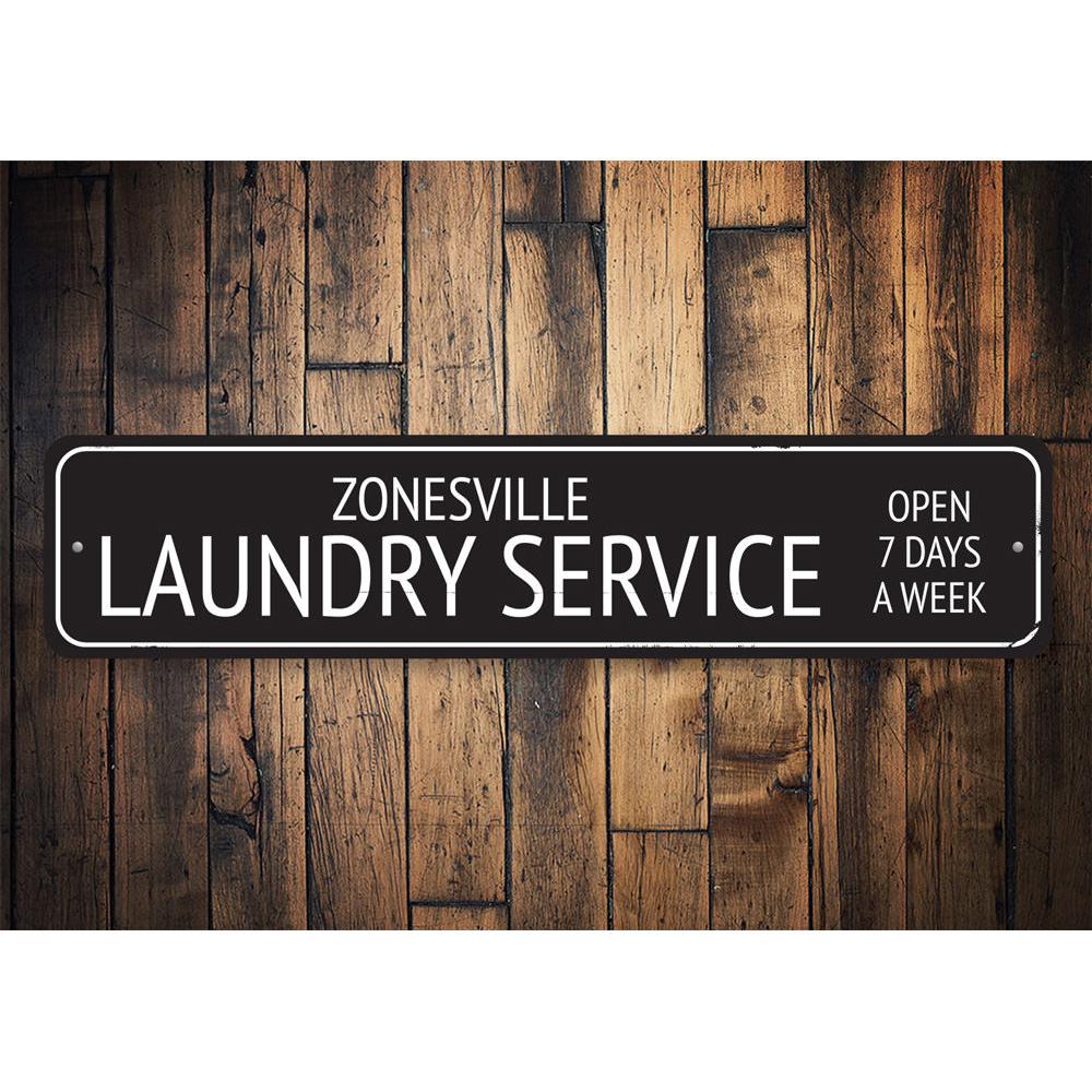 Customizable Laundry Service Sign made from high-quality aluminum, featuring pre-drilled holes for easy mounting.