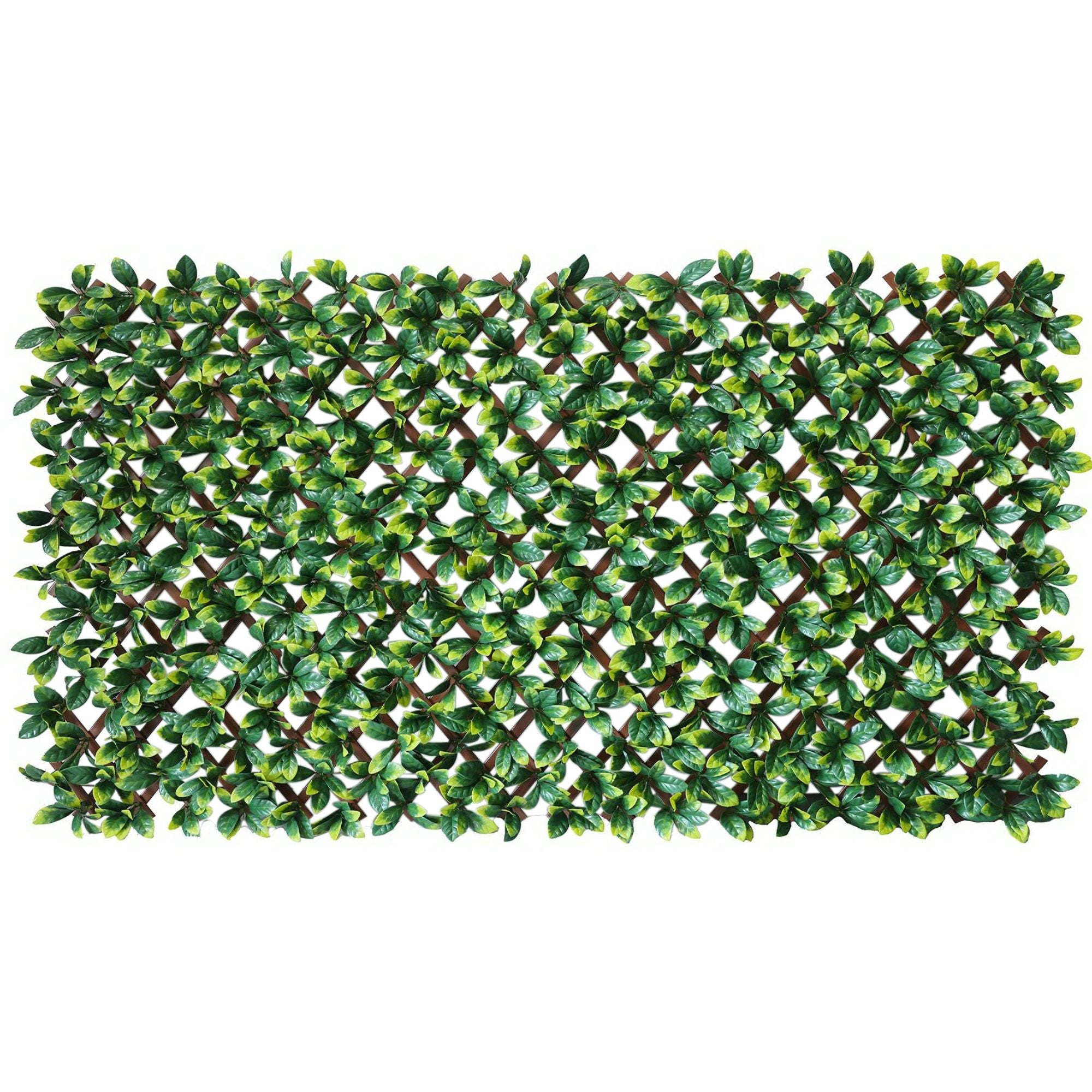 Laurel Leaf Artificial Hedge Extendable Trellis showcasing vibrant green foliage on a durable PVC frame, ideal for privacy and decoration.