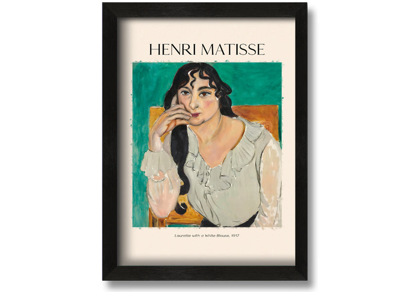 Canvas print of 'Laurette With A White Blouse' by Henri Matisse, featuring vibrant colors and a modern box frame.